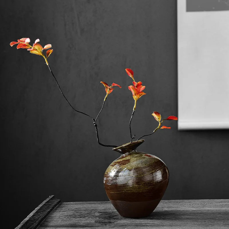 Japanese-style black pottery vase imitation stone abstract golden flower arrangement retro ceramic Zen desktop decoration home (Copy) - Timeless Vases